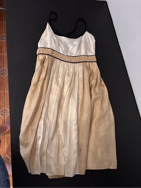 FlAWED GEM 💎 SILK Ivory and Beige Pleated Spaghetti Strap Dress with Black Trim